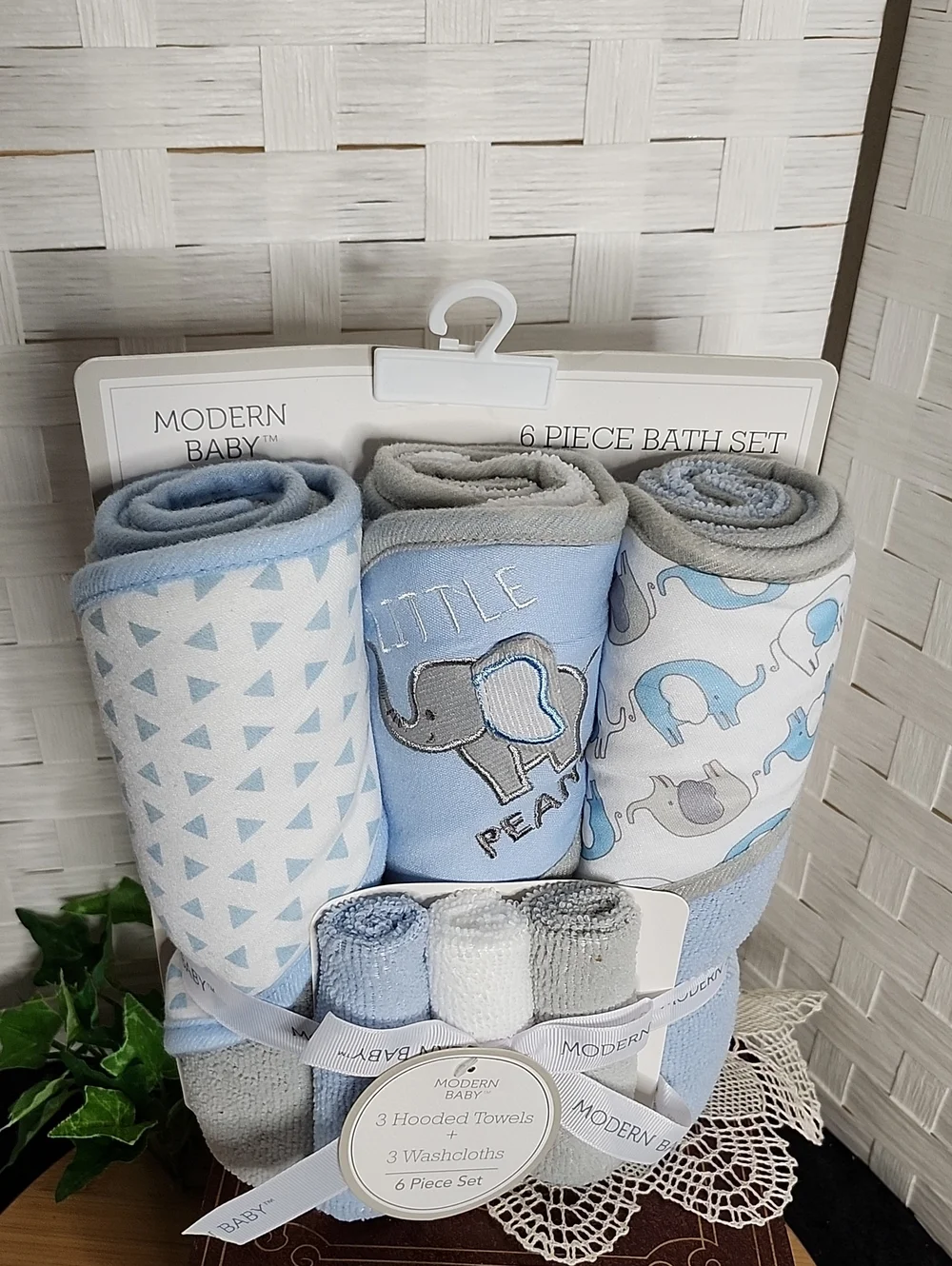 👉*NWT* MODERN BABY BLUE  ELEPHANT HOODED TOWEL & WASHCLOTH SET ~3 OF EACH 🐘